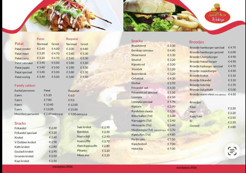 Menukaart Snack Plaza Wolvega pagina 1