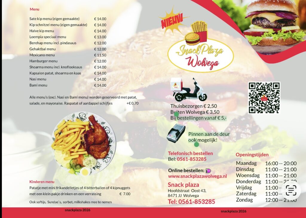 Menukaart Snack Plaza Wolvega pagina 2